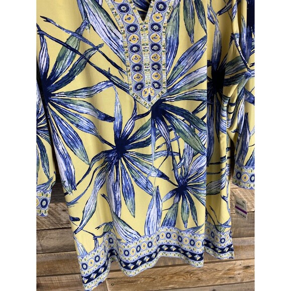 JM Collection Women's Plus Sz XXL Yellow Blue Printed Rhinestone V-Neck Top - Picture 4 of 11